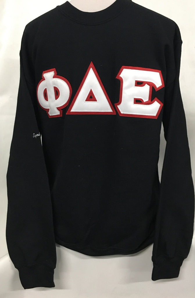 Black Sweatshirt with White and Red Sewn on Letters